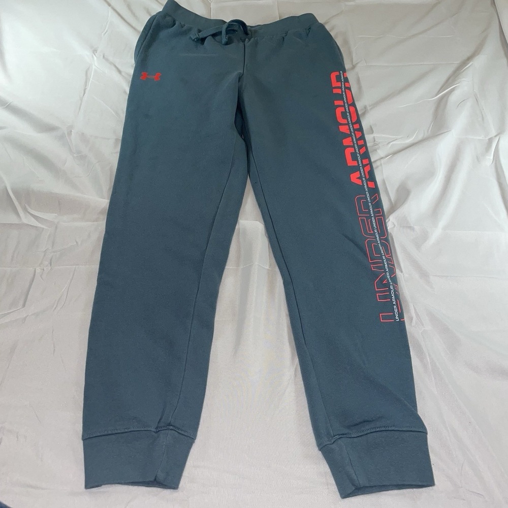 Under Armour Boys ColdGear Joggers Blue Gray Orange Logo Sweatpants YLG Large